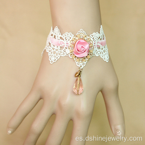 Pulsera de encaje rosa de la cinta con gota de cristal colgante joyas